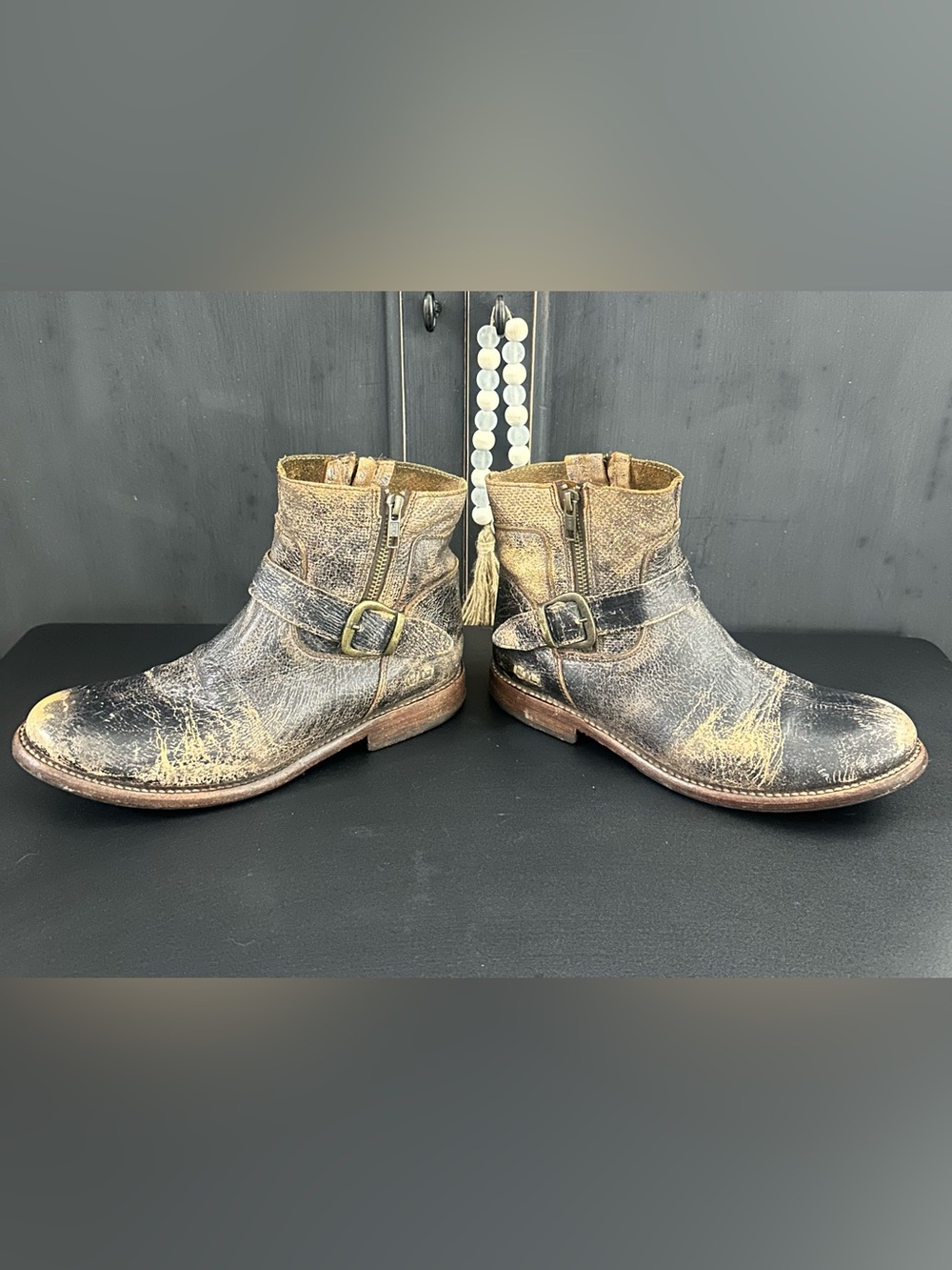BED|STU Distressed Black Lux Leather Buckle Ankle Boots